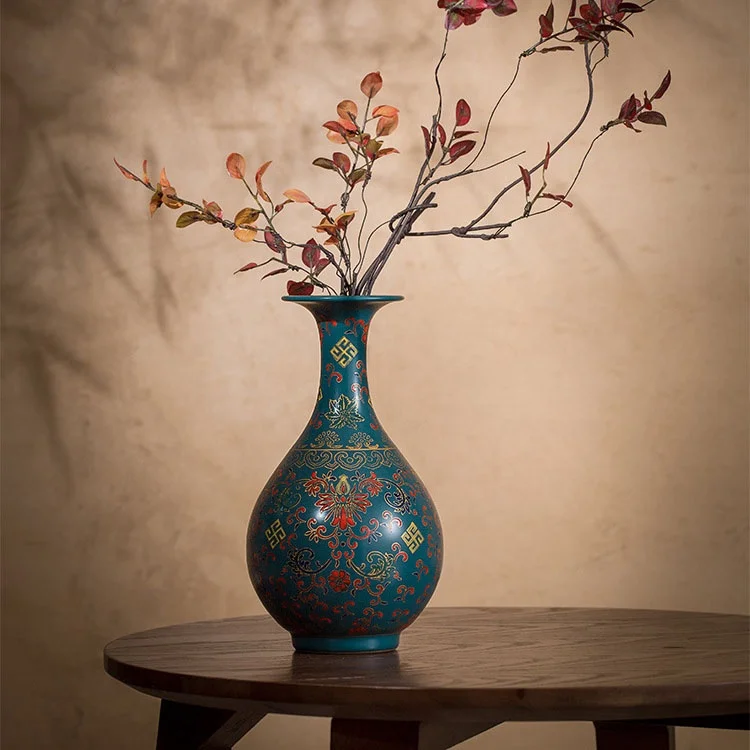 卸売景徳鎮アンティーク手描き孔雀ブルーエナメル色翡翠ポット春