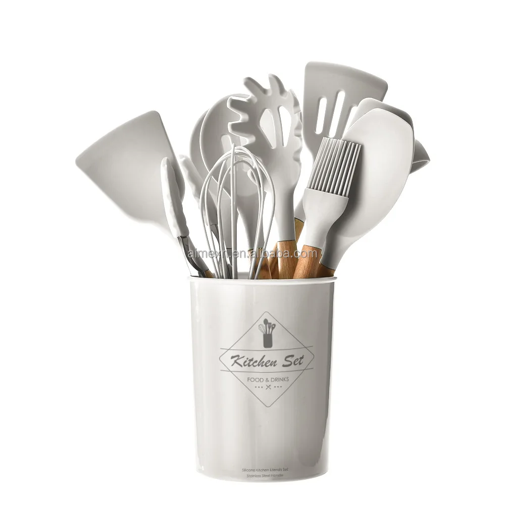 Silicone Kitchen Utensils Set - 11 Pcs BPA Free Cookware with Wooden Handle and Holder