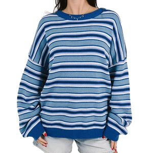 Custom High Quality Spring Autumn  Women's Oversized Crew Neck Multi Striped Knit Urban Street Style Relaxed Casual Look