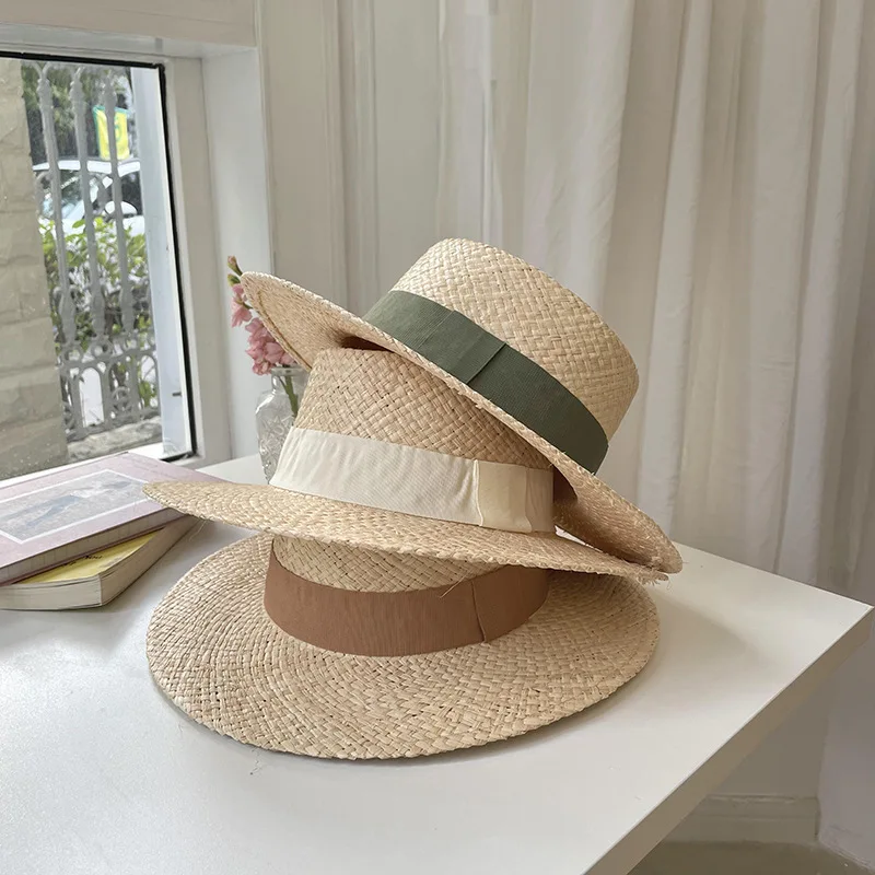 Summer Wide Brim Lafite Straw Handmade Fedora Straw Hat Men Women Summer Beach Jazz Hats