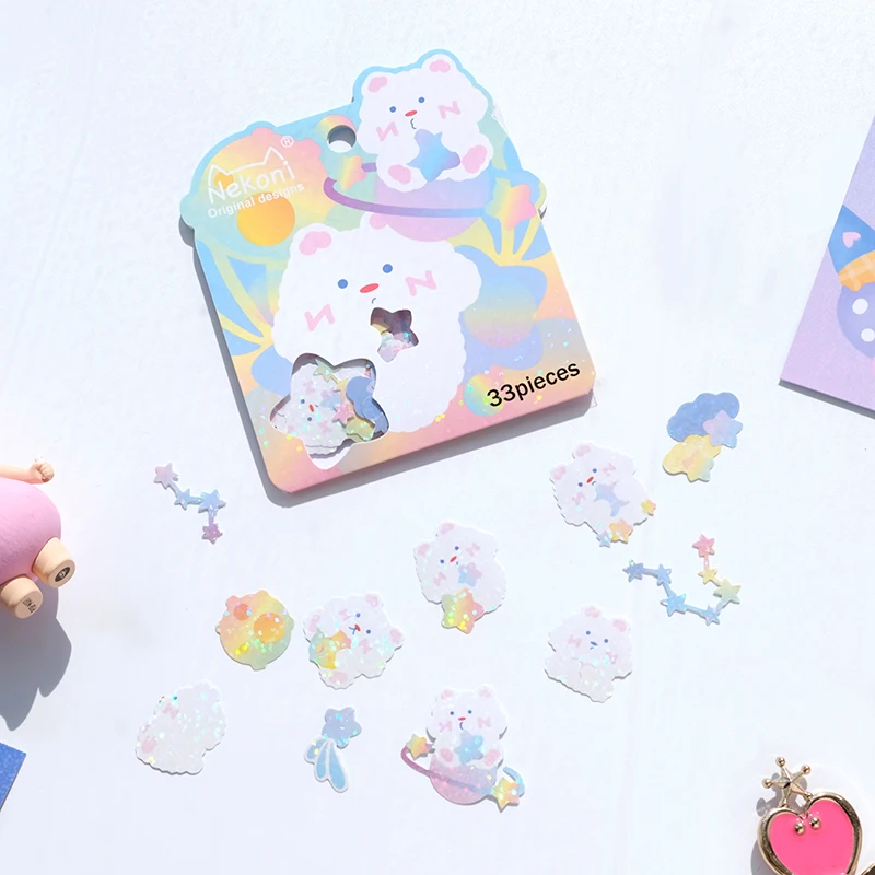 Nekoni Glitter Stickers Flake Kawaii  Laser Flake Stickers Decals Pack Cute Animal Kitty Panda Dog Pig Stickers Decals