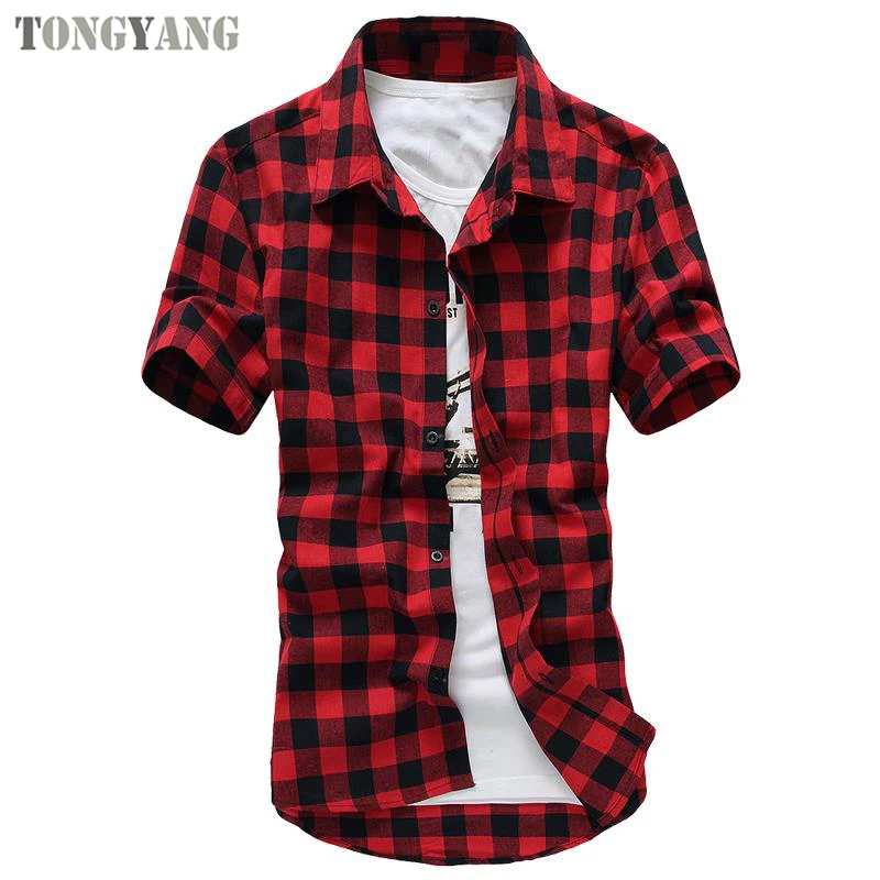 TONGYANG Red Black Men Plaid Shirts New Summer Fashion Chemise Homme Men  Checkered Shirts Short Sleeve Shirt Men Blouse - Main Image