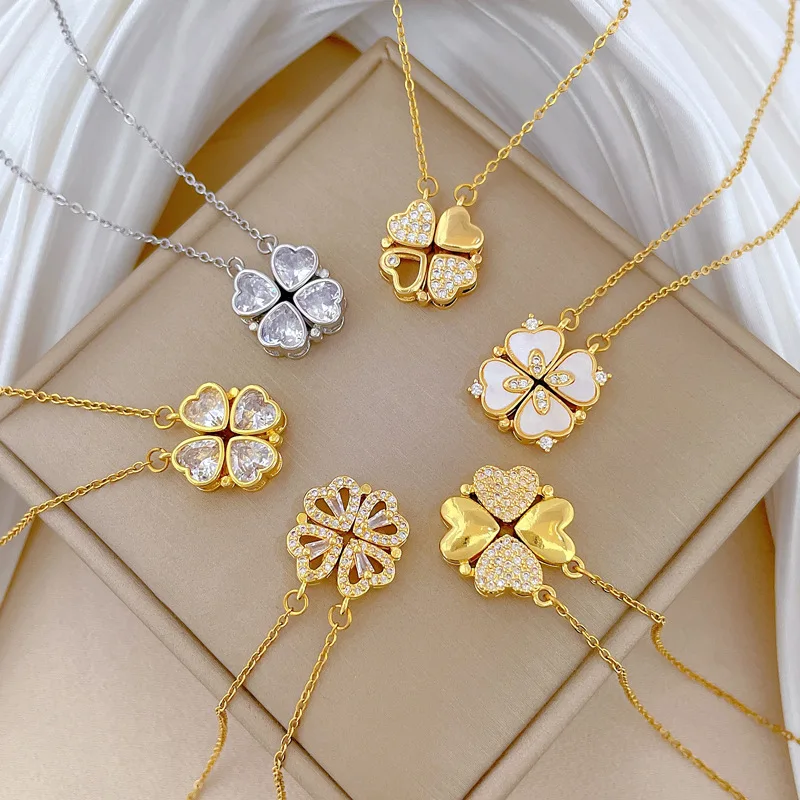 Gold Plated Heart & Clover Titanium Necklace