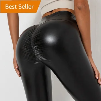 Best seller Leather Pants Women Compression Scrunch Butt Lifting Ruched PU Faux Black Leggings High Waist Leather Pant