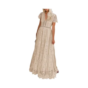 Summer Crocheted Floral Lace Maxi Dress V-Neck Short Sleeve Chiffon Wedding Bridesmaid Cocktail Party Dress