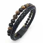 Clasp Leather Bracelets Clasp Bracelet Genuine Natural Stone Mutilayer Stainless Steel Clasp Men Beads Leather Bracelets Male