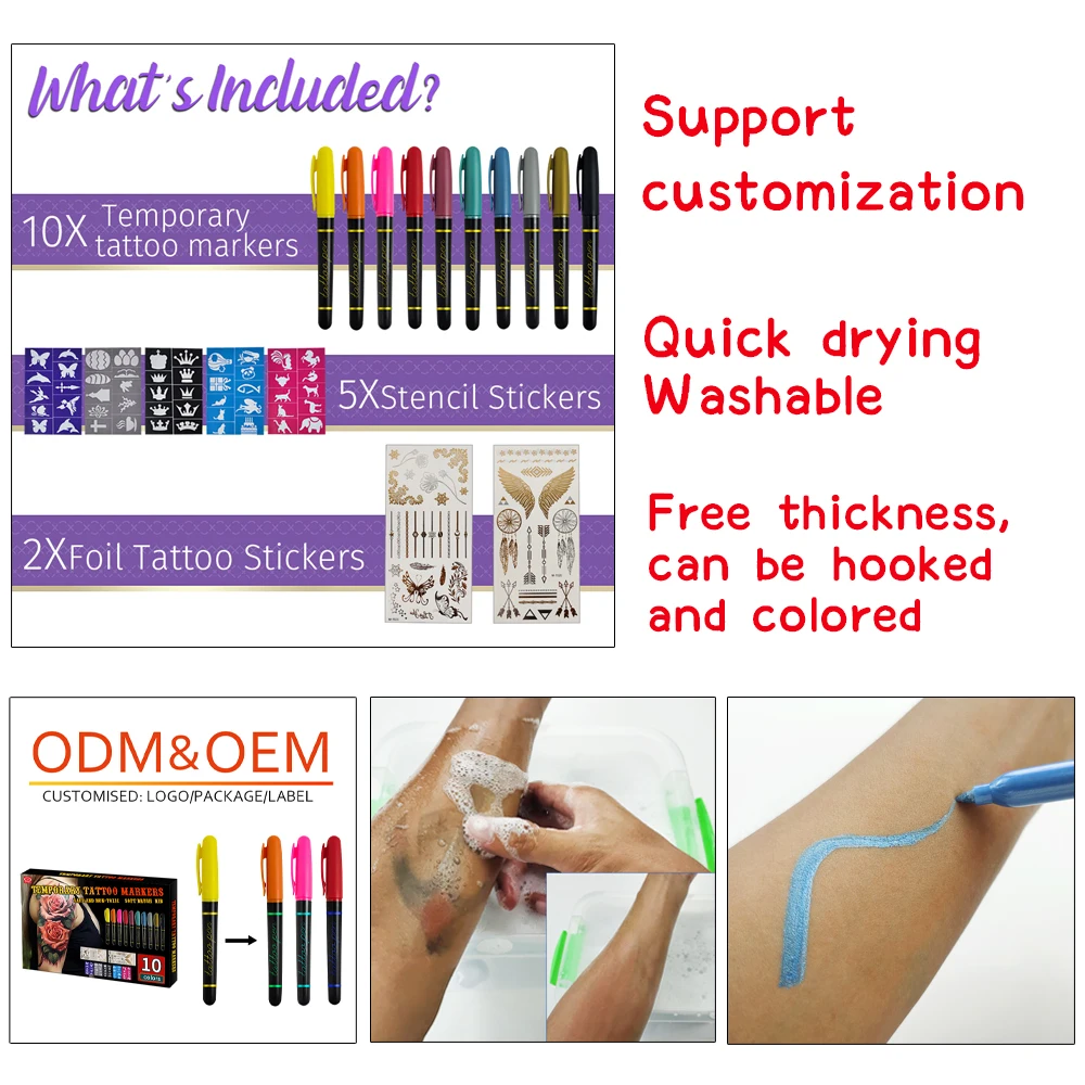 Non-Toxic Body Art Tattoos Face Tatoo Washable Skin Temporary Tattoo Paint  Marker Pen