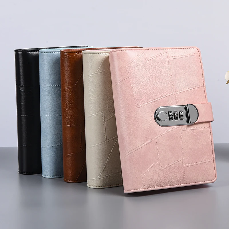 Custom Printing Leather Cover A6 Refillable Binder Budget Notebook Journals Planner Daily Diary with Combination Lock Workbook