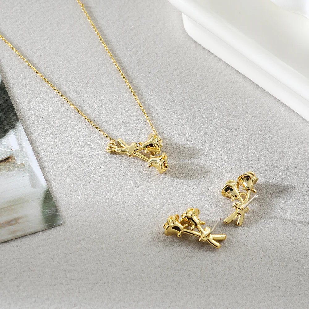 product wholesale fashion jewelry custom gold plated glamour statement copper diamond flower necklace earrings jewelry set for women-2