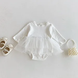 Spring Autumn Girls' Children's One-Piece Tulle Sweet Princess Style Lace Puffy Solid Dress Stylish Plain Dyed