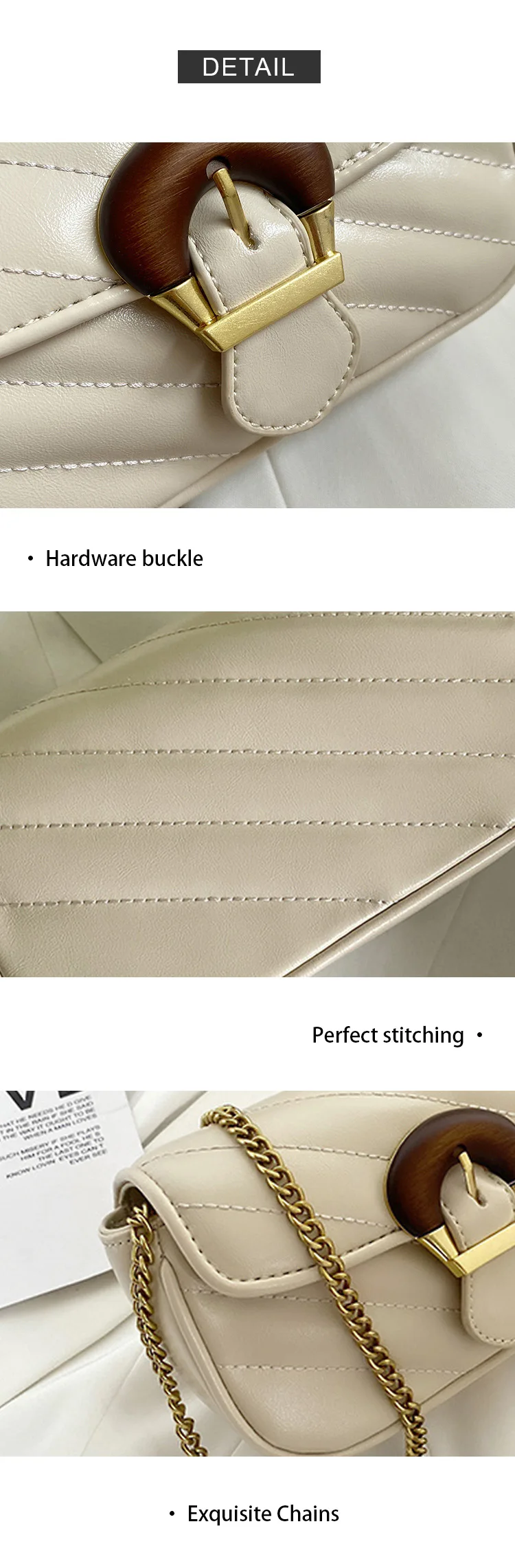 New Arrivals Girly Fashion Cream Vegan pu Leather Thread Chain Crossbody Bags Sling Handbags