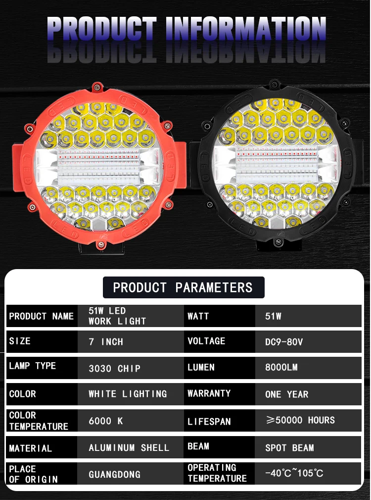 Hot Sales 51w Working Light Flood Spot Beam Work Product Round 7inch Led Worklight 10