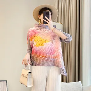 Miyake Women's 2026 Spring/Summer Seven-Sleeve Pleated T-Shirt New Irregular Design Stand Collar Long All-Match Slimming Top