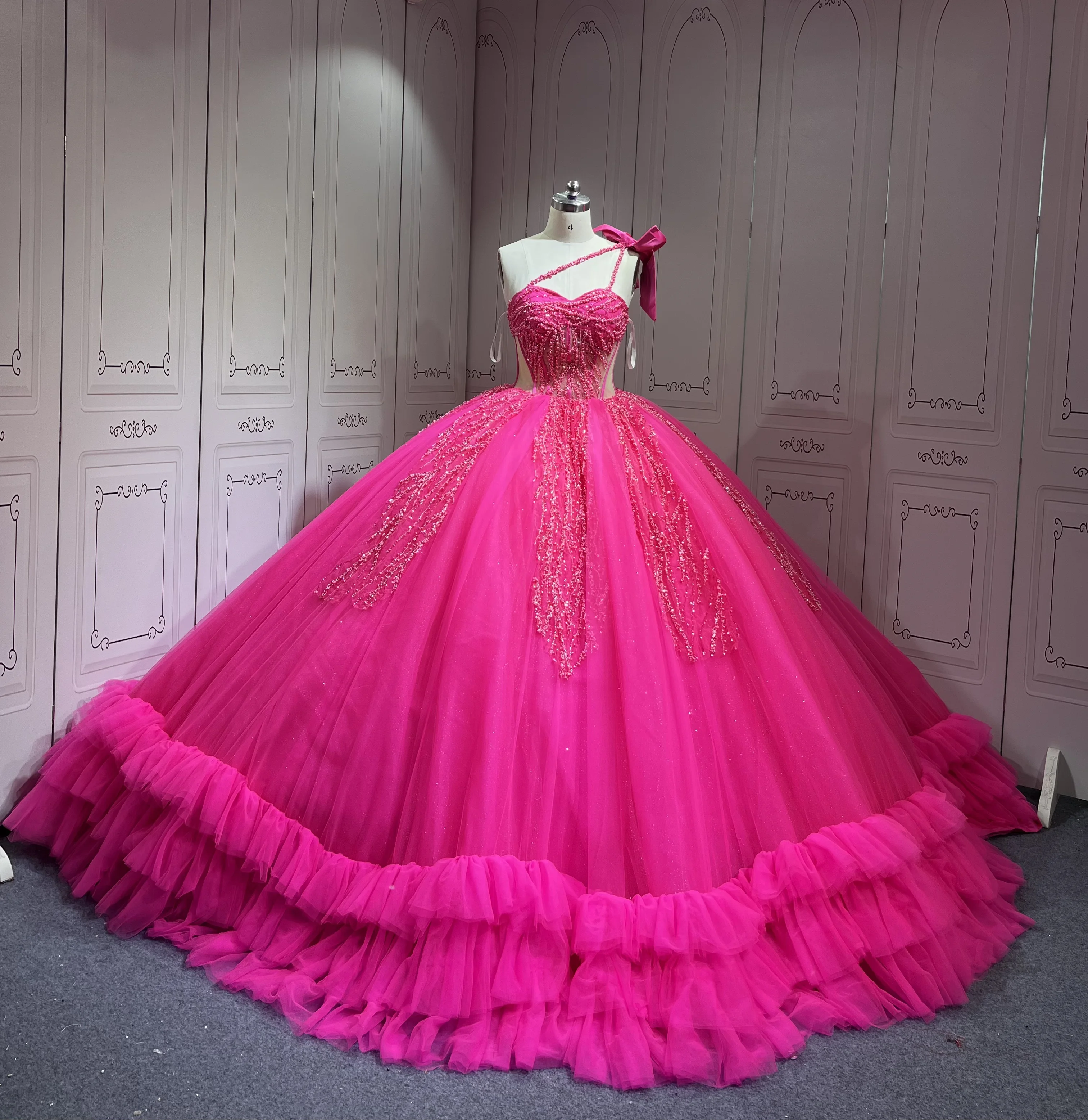 strapless open back dress Ball Gown Off Shoulder Sweetheart Long Sleeves Lace Appliques Beaded Hot Pink Tulle Quinceanera Dress Princess Party Gown for Sweet 16 2 / Fuchsia