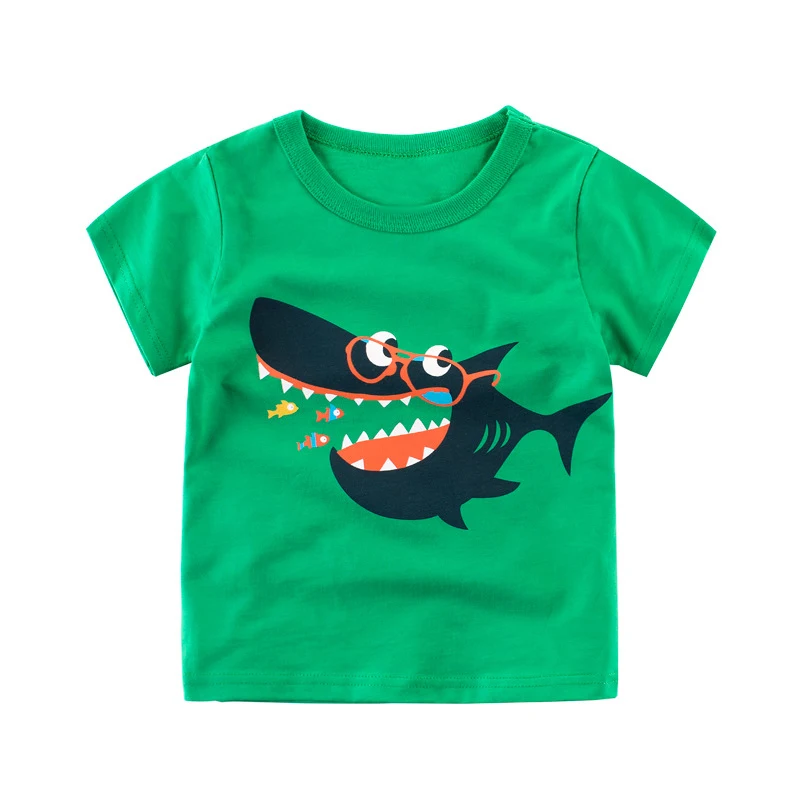 
 Новая летняя детская одежда, Детская Хлопковая Повседневная футболка с принтом большой акулы, с круглым вырезом и короткими рукавами для мальчиков  