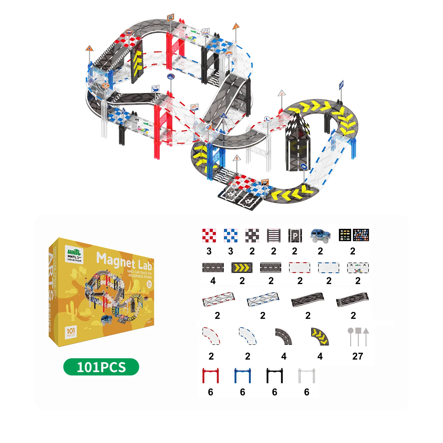 MNTL Magnetic Building Blocks Race Track 101pcs UV Printing Adventure Car Racing Track Toys for Kids
