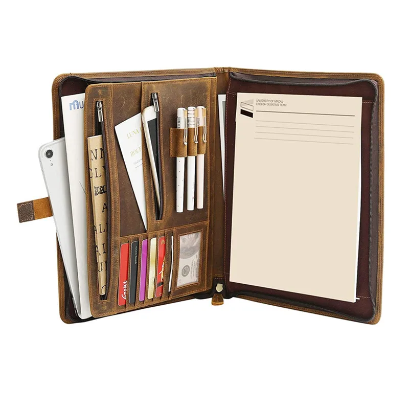 Notebook Binder, Leather Folder Organizer genuine leather Zippered Padfolio Portfolio with Zipper and Handwrite