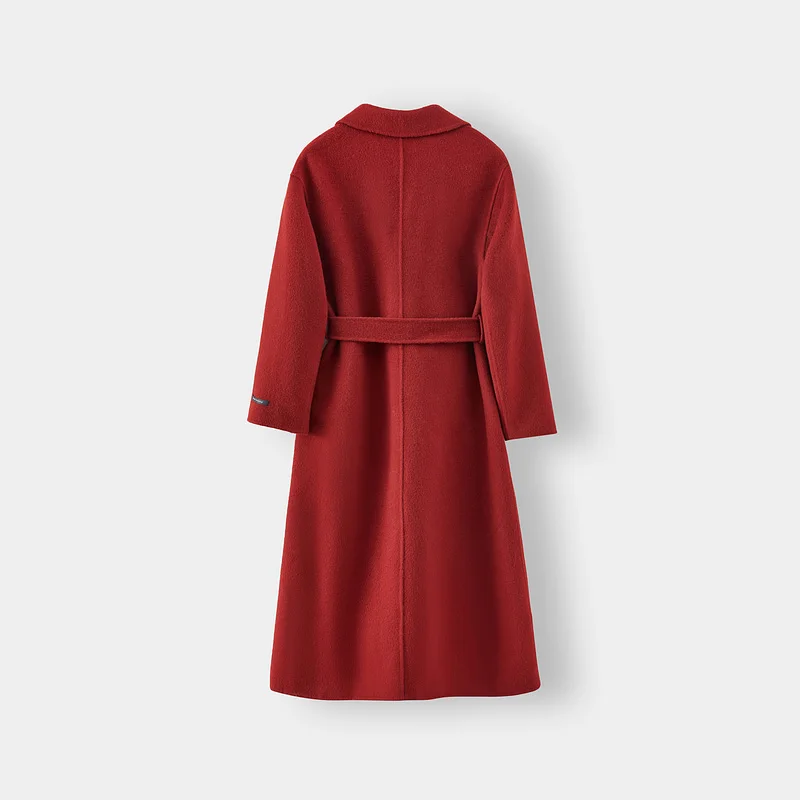 2025 Spring New Elegant Belted Long Cashmere Coat Loose Turn Down Collar Water Ripple Korea Wool Coat Ladies