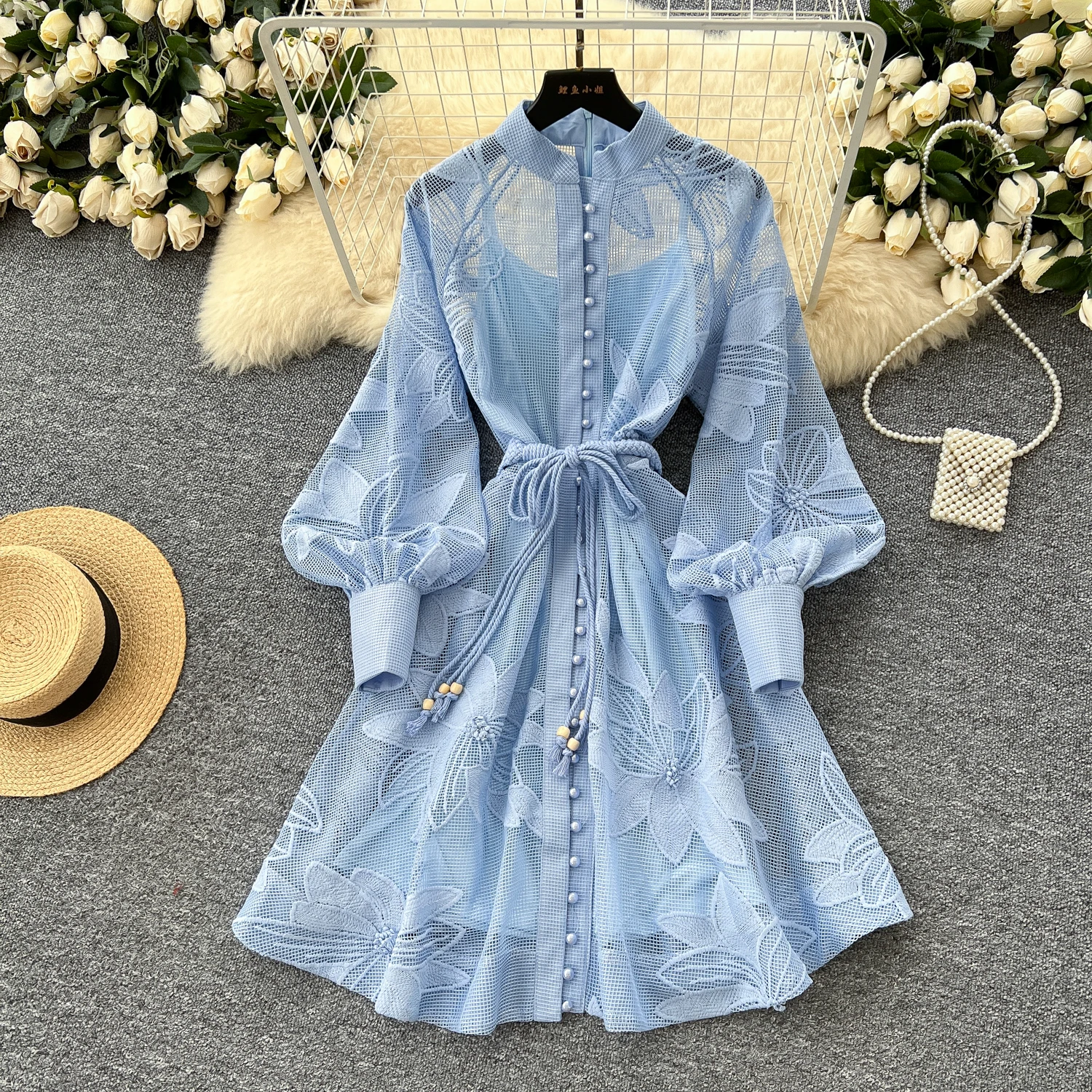 Elegant Dresses LW1425 Lace Dress With Tie-Waist Hollow-Out Embroidery  Single Button A-Line Flared Dress Clothes for Women