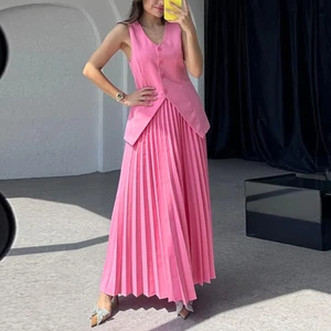 2025 Summer Fashionable Pink V-neck Wrinkled Top Skirt Two-piece Set Office Suit Mujer Women's Elegant Solid Color Skirt Set