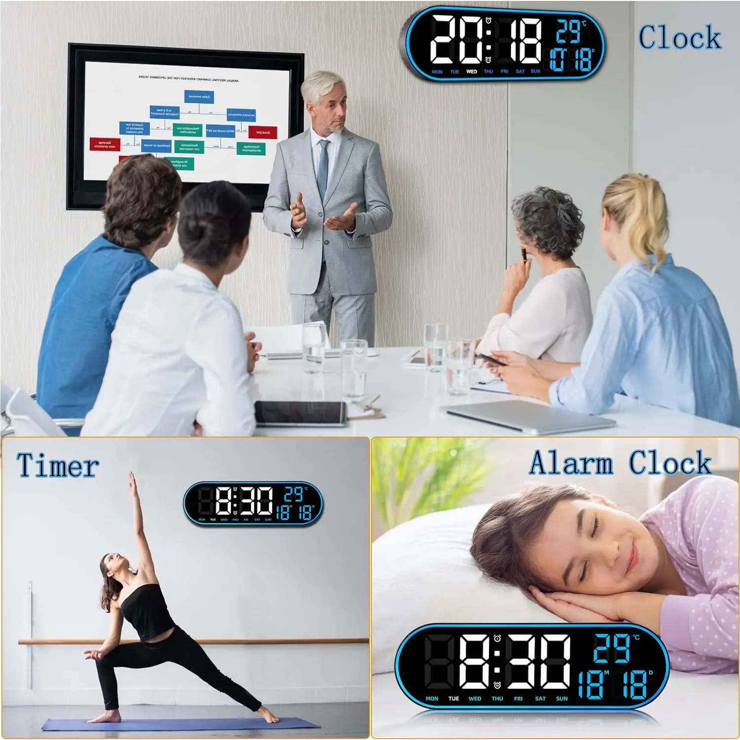 Wall-Mounted Large LED Digital Wall Clock with Temperature Date Week Display Alarms Clock Timer Countdown