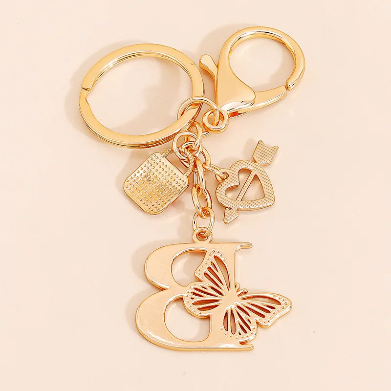 Butterfly Alphabet Keychain For Women - Gold Plated Initial Letter Keyring With Crystal, Personalized Gift