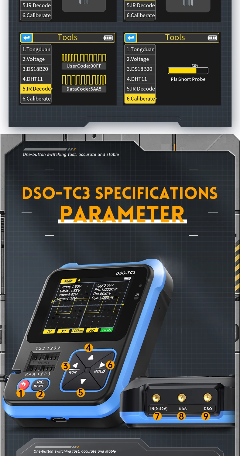 DSO-TC3 Oscilloscope 3 in 1 Transistor Tester Multi-function Multimeter Diode Portable Digital Oscilloscope