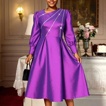 AM050825 Long Puff Sleeve a Line Patchwork purple Midi Women Casual Dress
