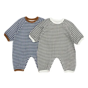 Soft 100%Cotton Newborn/Infant Gingham Raglan-Sleeve Contrast Trim Snap Rompers for Spring Fall Daily