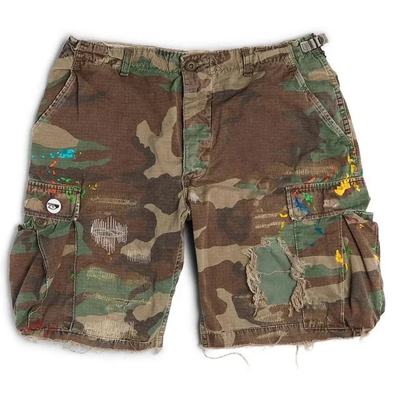 High Street Fashion Elastic Waist Jean Shorts Men Manufacturer Custom Logo Distressed Camouflage Shorts Denim Camo Shorts