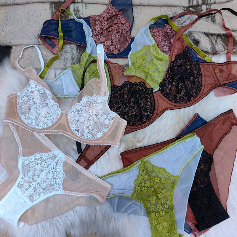 French Retro Color Contrast Ultra-thin Breathable Bra Gathering Lace Underwear Set Women