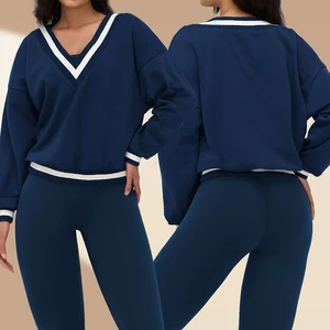 Custom Logo Embroidery Letter Print V Neck Sweatshirt Oversized Fleece Rib Collar Women Outdoor Gym Running Streetwear