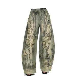 High Street Custom Logo Embroidered Distressed Jeans Vintage High Waist Straight Boot Cut Button Fly Waterproof