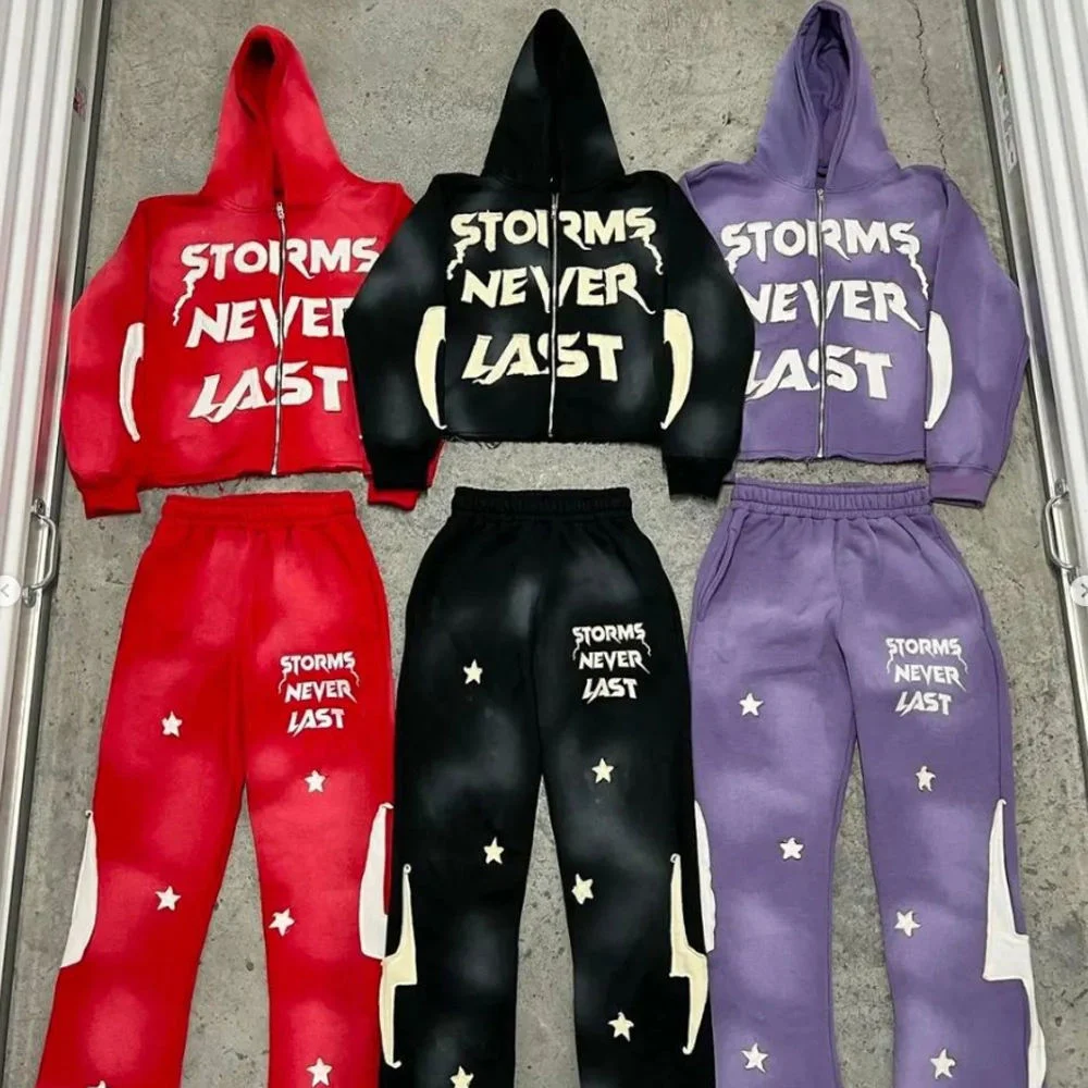 Activewear Acid Washed Sweat Suits Unisex Zipper Hoodies Tracksuit Set Acid Wash Distress Patch Flared Sweatpants and Hoodie Set