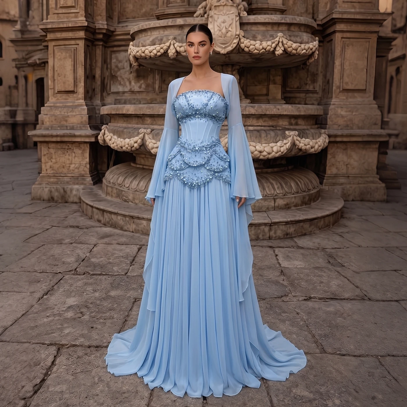 Sharon Said SS286 Luxury Pearls Tassel Blue Evening Dress