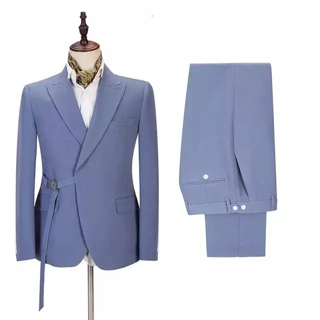 Latest Design Light Blue Men Suits  Belt Peaked Lapel Fashion Costume Homme Wedding Prom Terno Masculino Groom Blazer 2 Pieces