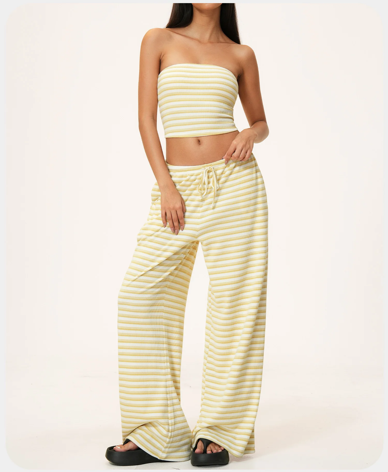 Womens Striped Three Piece Yoga Set Breathable Four Way Stretch Crop Cardigan Wide Leg Pants Activewear — detail