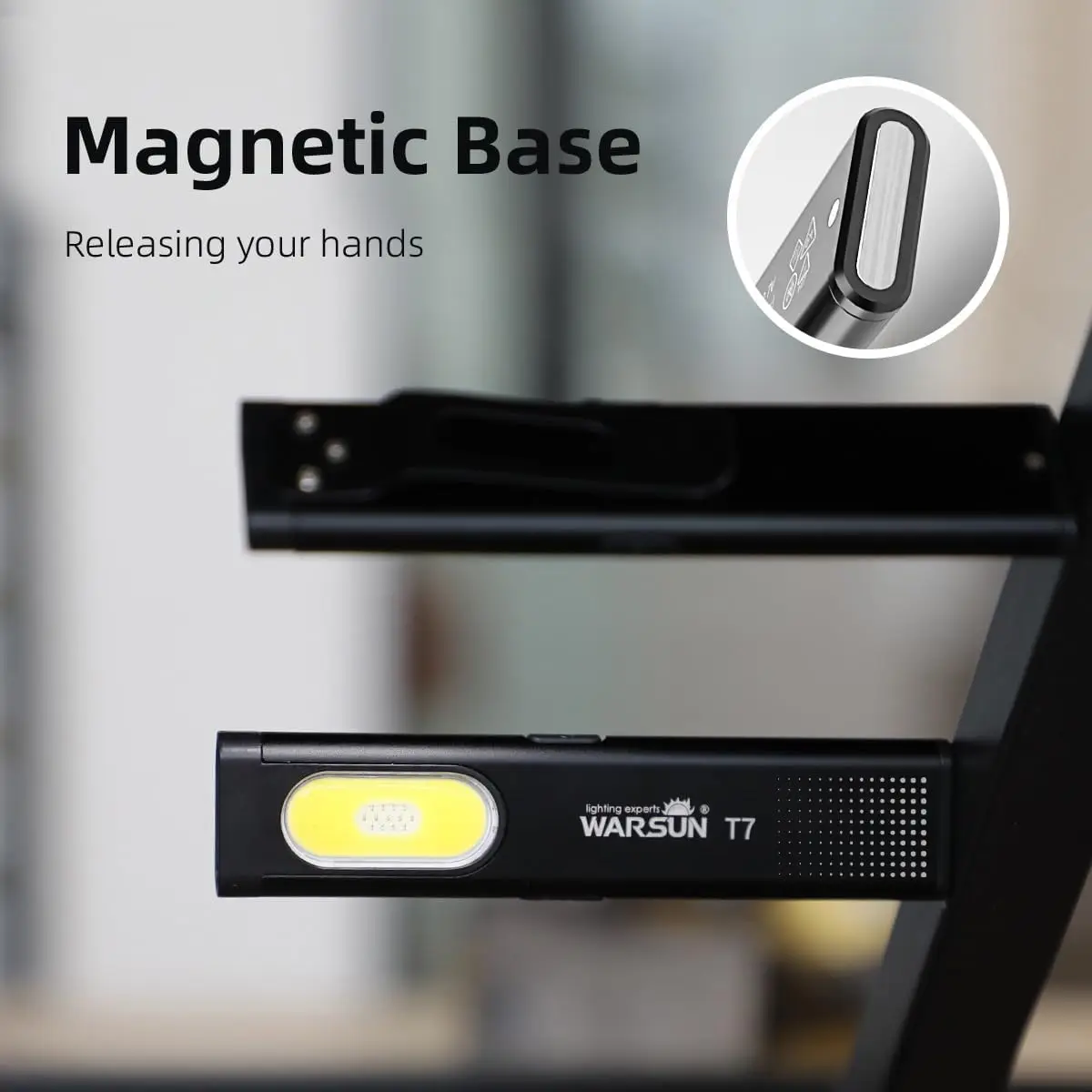 WARSUN T7 Mini LED Flashlight – USB-C Rechargeable, Magnetic Base, COB Side Light, Compact EDC Light With Strobe (Green)