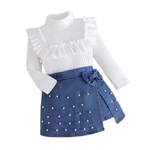 2026 New Spring Girls Outfits High Neck Lotus Leaf Knitted Top Denim Beaded Culottes Kids Wholesale Clothing