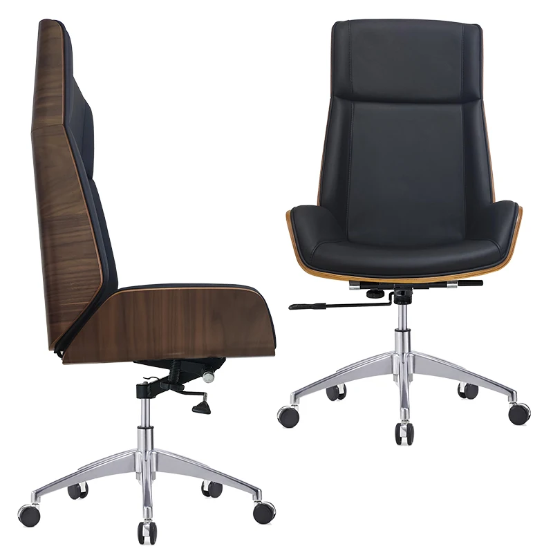 product high back bent plywood wooden boss chair swivel luxury leather adjustable computer boss office chair-97