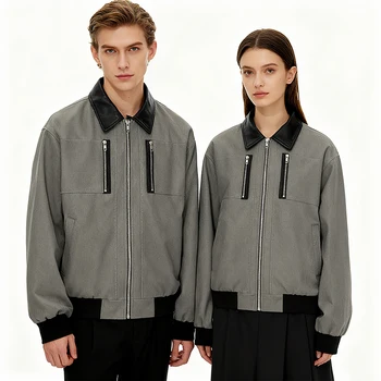 Zewu Men's Regular Fit Varsity Jacket Leather Trim Collar  Casual Coat with Zipper Closure & Ribbed Cuffs Hem