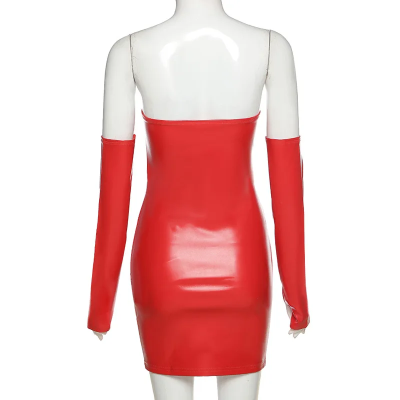 Womens Dress Sexy Solid Color Pu Leather Nightclub Mini Dress Fashion Strapless Bodycon Dress 6270