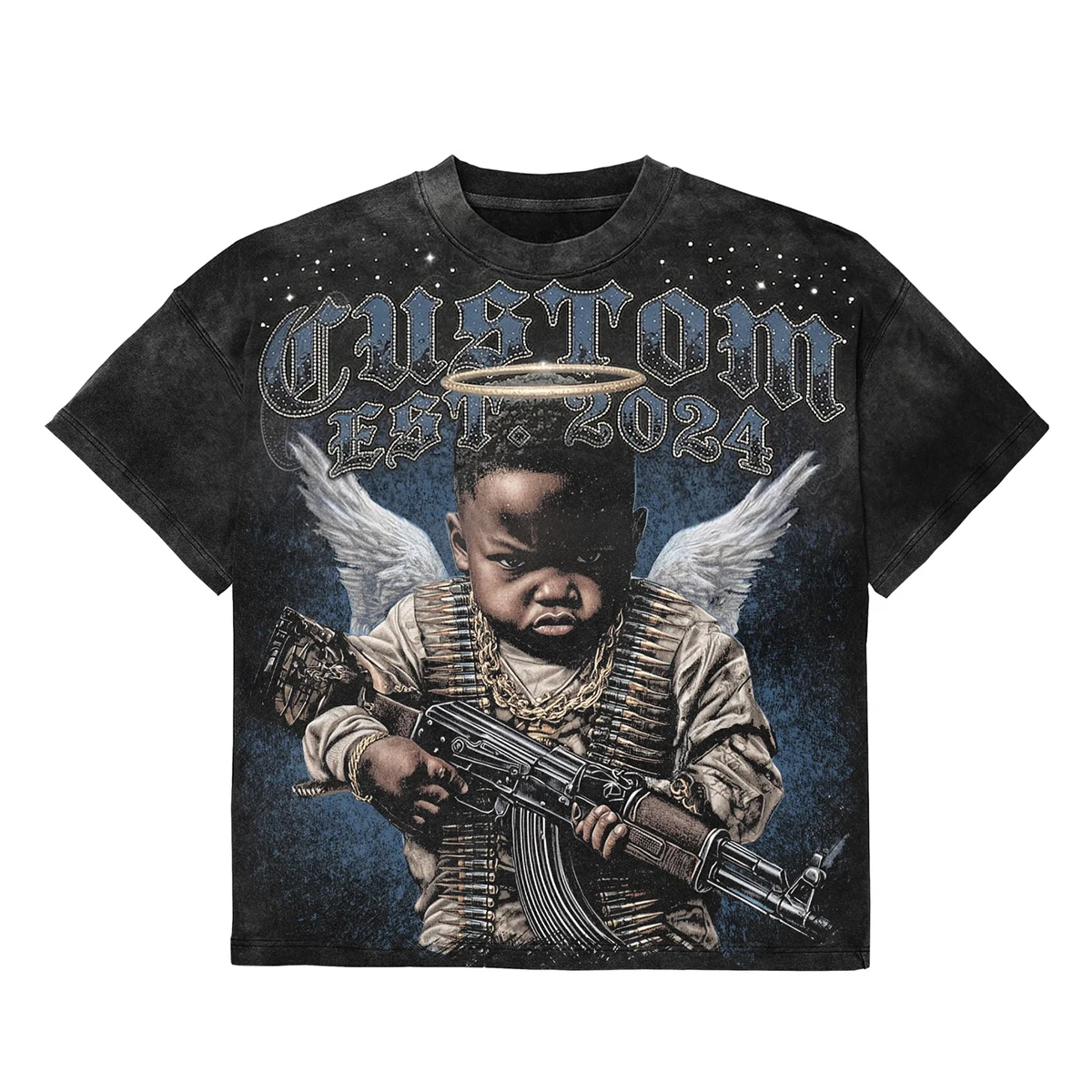 Custom Streetwear  Heavyweight 300gsm Printed Graphic Dtg Oversized Vintage Acid Wash Mens Rhinestone t Shirt Unisex T-Shirt