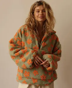 Floral Faux Lambswool Sweatshirt Coat Autumn Winter Women's Casual Zipper Pocket Loose Pullover Sweatshirt