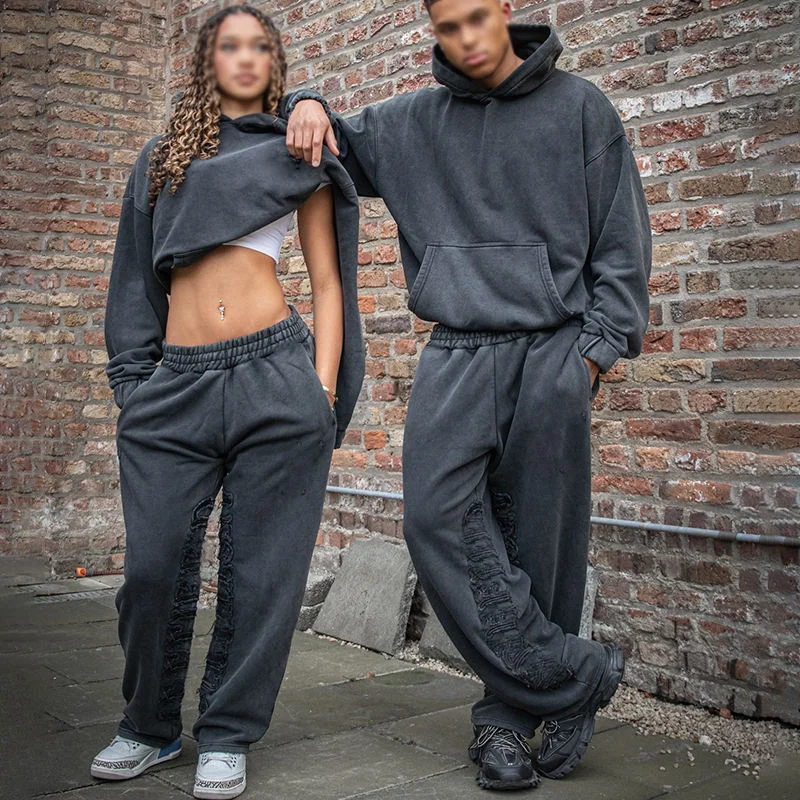 OEM Custom Embroidery Tracksuit Men and Woman Streetwear Plain Washed Pullover Hoodie and Sweatpants Set French Terry Sweatsuit gallery 6
