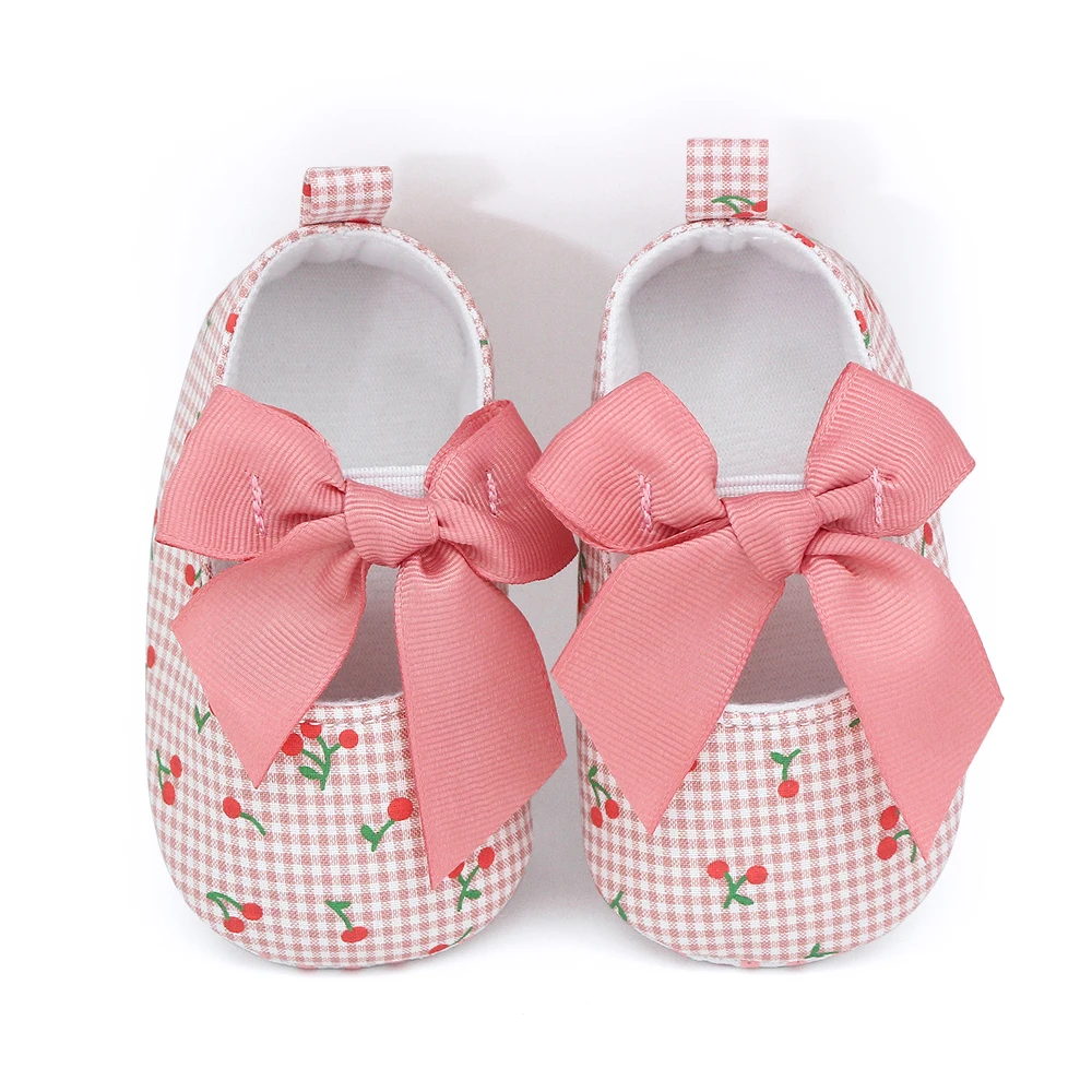 Wholesale Cheap Baby Girls Soft Sole Bow Knot Cherry Mary Jane Flats Infant Princess SlippersToddler Wedding Dress Shoes factory