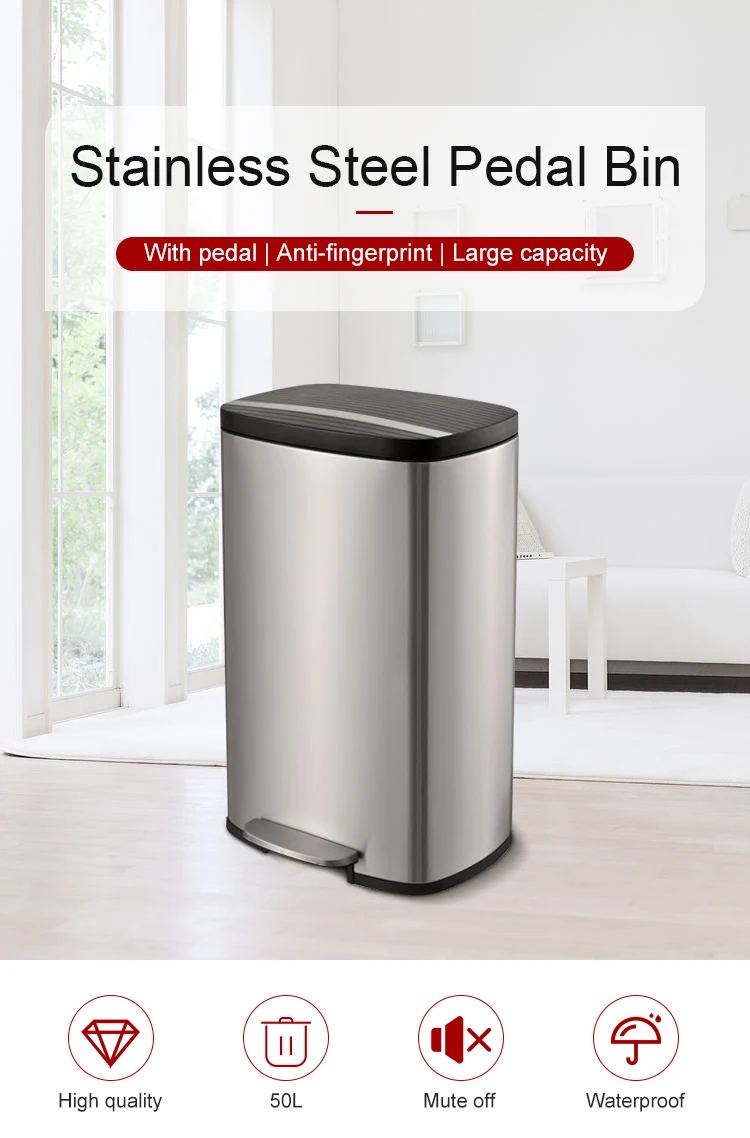 Stainless Steel Foot Pedal 50l Trash Can Free Standing Retangular Large ...