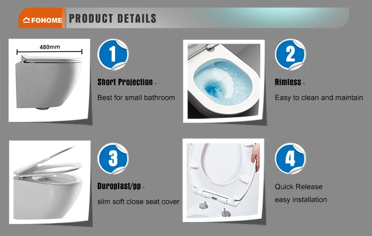 FOHOME ceramic wash down matt black wall hung toilet rimless p-trap wall mounted toilet wc