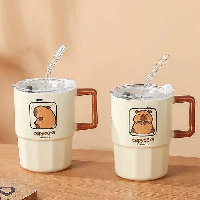 Capibala Creative Ceramic Mug Cute Pet with Lid and Straw