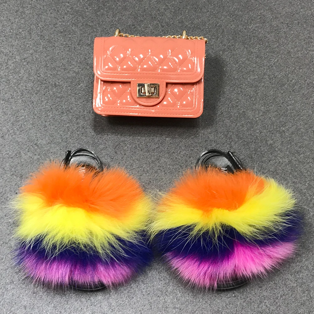 Красочные модные детские тапочки из натурального Лисьего меха, Набор сумок из желе и меха енота, кошельки, сумочки, детские меховые сланцы, оптовая продажа